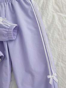 Genkimix Kids 2件套女童春秋新款风衣套装，面料蝴蝶刺绣，休闲时尚蝴蝶结领拉链外套和裤子，可爱甜美装扮 - 紫色 - 查看 7