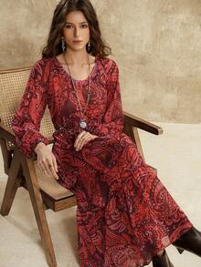 Florisole Váy suông dáng chữ A tay đèn lồng họa tiết Paisley boho cổ điển thanh lịch dành cho nữ, mùa xuân/thu - Gỗ đỏ - Xem 1