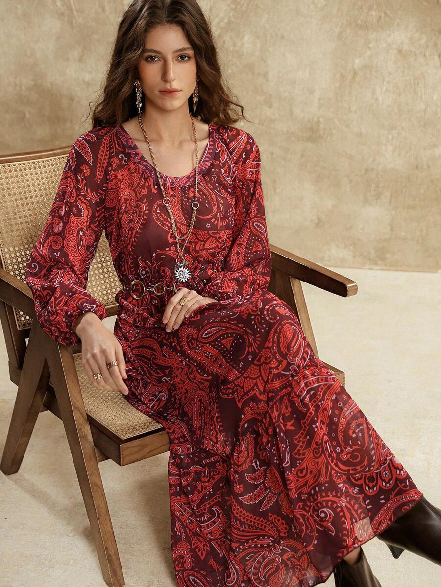 Florisole Váy suông dáng chữ A tay đèn lồng họa tiết Paisley boho cổ điển thanh lịch dành cho nữ, mùa xuân/thu - Gỗ đỏ - Xem 1