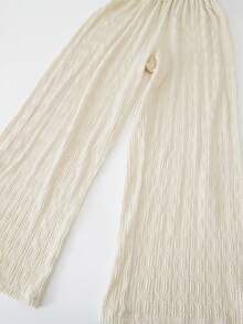 SHEIN ChillGRL 2件套少女纹理面料立领短袖T恤+休闲长裤 - 杏色 - 查看 4