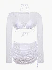 Swim SXY 4件套女士性感比基尼套装，红色网纱面料搭配酒红色纯色设计，沙滩泳装 - 白色 - 查看 4