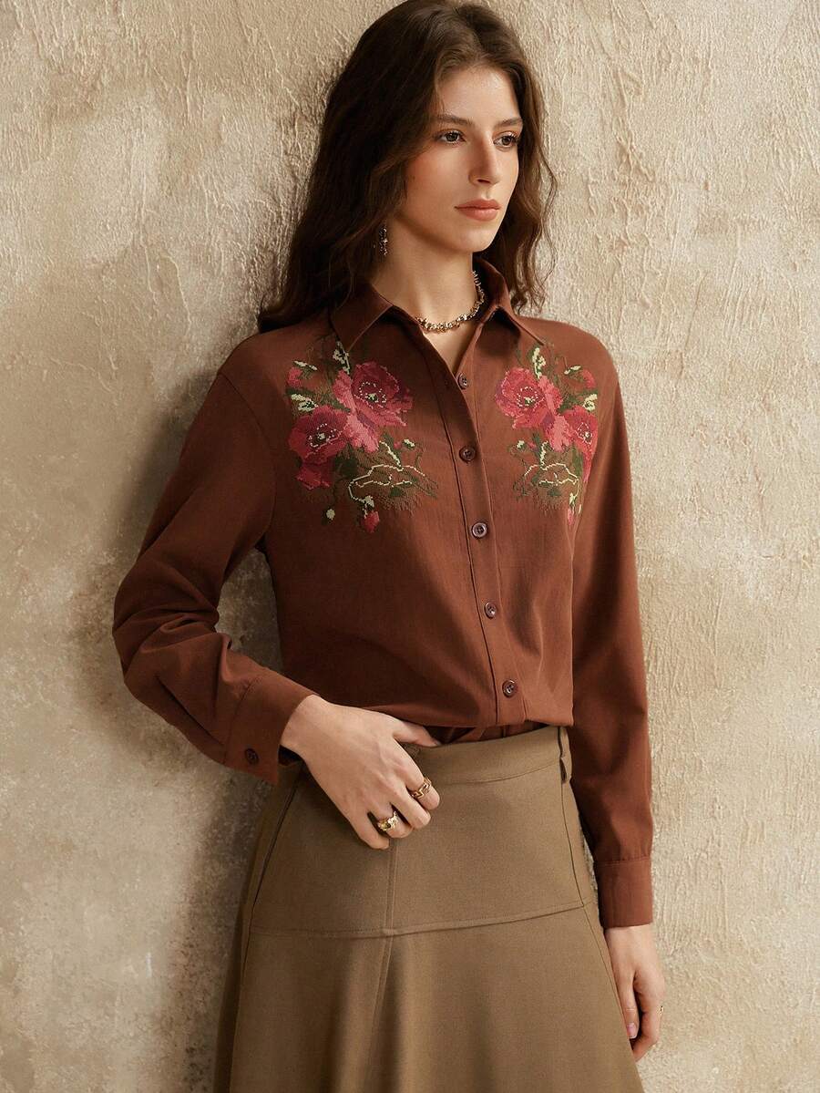 女士棕色纹理梭织长袖修身落肩花卉刺绣休闲衬衫，适合日常通勤和休闲穿着 - 咖啡棕 - 查看 1