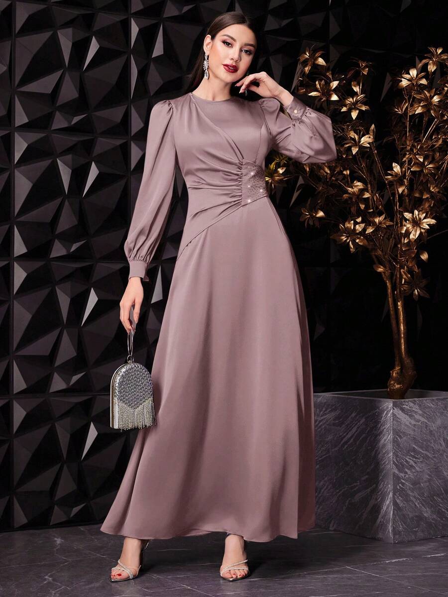 Veilorie Đầm dạ hội dài tay đơn giản hàng ngày màu trơn dành cho nữ - Hồng - Xem 1