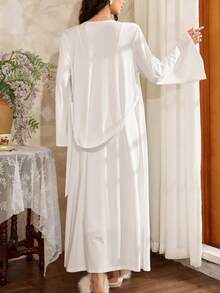 Côtesoire 法式优雅睡袍套装，蕾丝拼接睡裙及长袍，迷人的法国南部风格，女士秋季睡衣套装 - 白色 - 查看 2