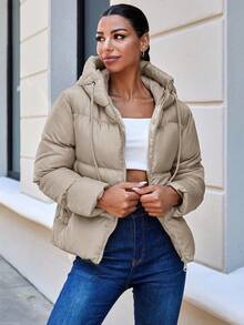 EURMUSE Zip Up Hooded Puffer Coat - Beige - View 6