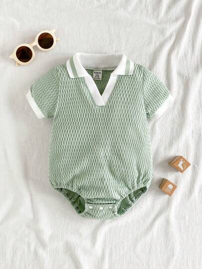 Vintaside Kids Baby Boys' Fresh Green Lapel Short Sleeve Bodysuit, Minimalist Solid Color, Slim Fit, Suitable For Outings, Photo Shoots, Casual Home Wear, Baby Boy Parties And Gatherings, Spring/Summer