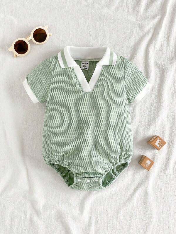 Vintaside Kids Baby Boys' Fresh Green Lapel Short Sleeve Bodysuit, Minimalist Solid Color, Slim Fit, Suitable For Outings, Photo Shoots, Casual Home Wear, Baby Boy Parties And Gatherings, Spring/Summer