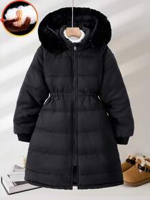 Sparklyn 1件女童休闲连帽绗缝加厚拉链外套 - 黑色 - 查看 5