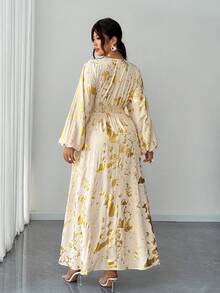 Elenzga Plus Size Elegant Gold Foil V-Neck Split Hem Maxi Dress,Beige Autumn Long Sleeve Silk Floral Wrap Caftan For Wedding,Curve Resort Wear Summer Dresses - Apricot - View 2