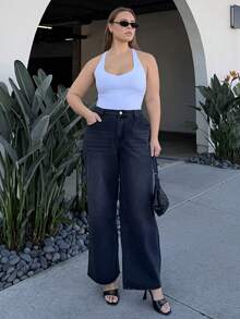 Nezia Cruz Plus Size Women Loose Casual Retro Denim Wide Leg Pants With Pockets - Black - View 3