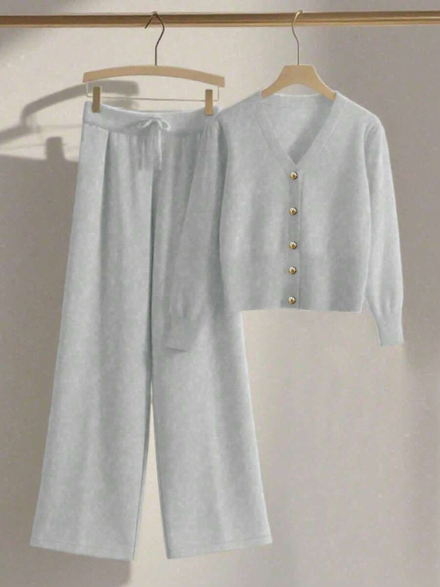 Franclia 2pcs/Set Women Casual Loose Knit Sweater & Pants Loungewear Set, Comfortable & Minimalist Design - Light Grey - View 1