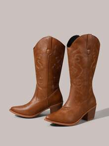 Styleloop Women's Classic Embroidered Western Boots, Vacation Style High Boots For All Seasons, Leather Pointed Toe Chunky Heel Mid-Calf Riding Boots, Suitable For Christmas & Halloween - Brown - View 3