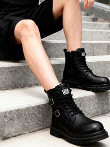 Botas casuales de hombre para otoño invierno ajustables y duraderas,Botas casuales de caña alta para hombres, Botas De Trabajo Multifuncional, Botas negro para hombre, estilo británico, talla grande, de cuero, botas de trabajo casuales, con aumento de altura, adecuadas para todas las estaciones - Negro - Ver 4