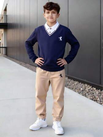 Casuvi Kids 2pcs/Set Tween Boys' Navy Polo Collar 2 In 1 Embroidered Striped Preppy Style Top And Khaki Straight Leg Pants Set, Suitable For Daily, Retro Campus, Sports Streetwear, Back To School Outfits, Spring & Autumn