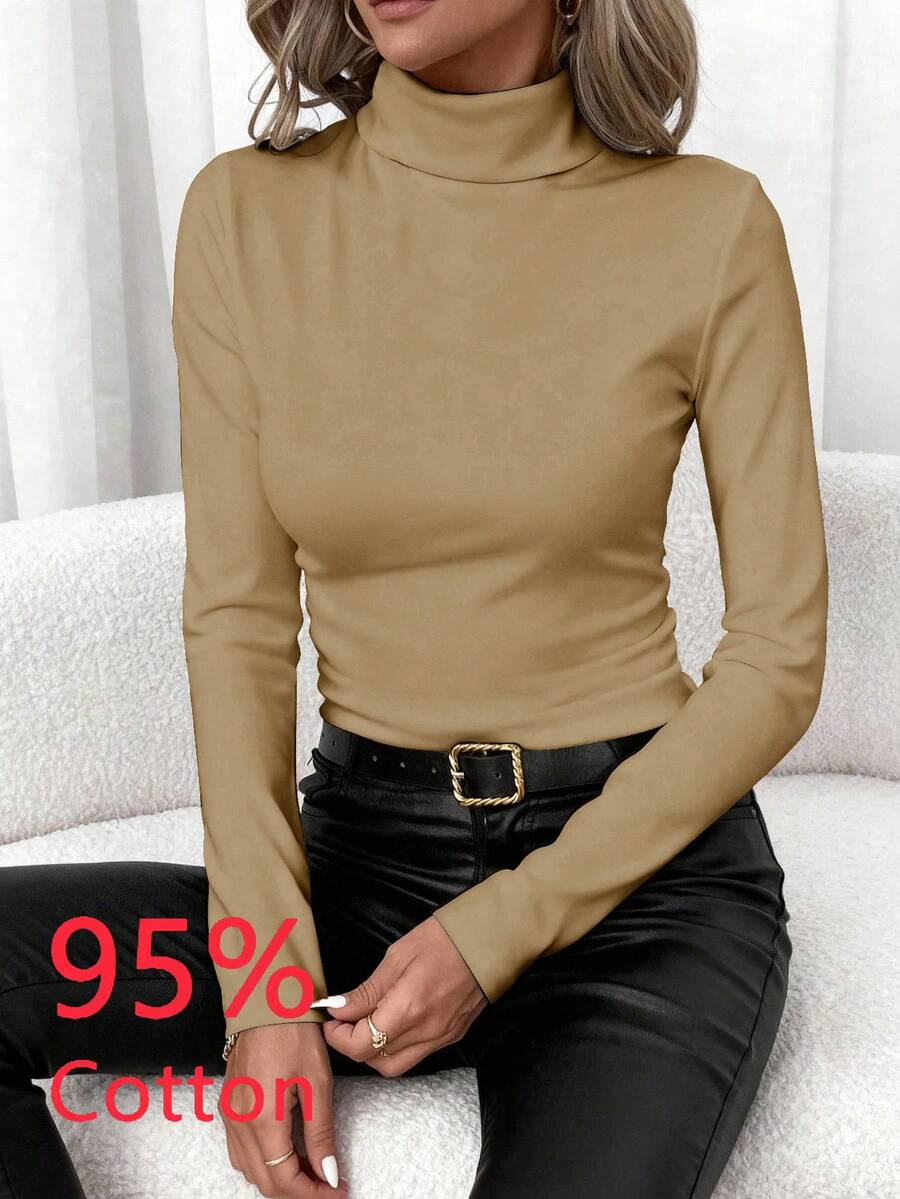 SHEIN Clasi Women's Casual Turtleneck Tight Fit Long Sleeve T-Shirt, Suitable For Autumn/Winter Spring Turtle Neck Women Fitted Tops Women - Khaki - View 1