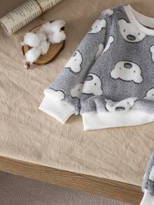 SHEIN 2pcs Baby Boy Toddler Newborn 0-3Y Casual Everyday Outfits Cute Plush Flannel Bear Print Crew Neck Long Sleeve Sweatshirt And Pants Set, Autumn/Winter - Light Grey - View 6