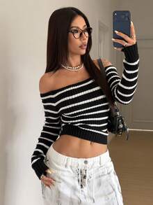 StreetHx Streetwear Women's Colorblock Off-Shoulder Beaded Slim Fit Long Sleeve Sweater, Autumn/Winter - Multicolor - View 6