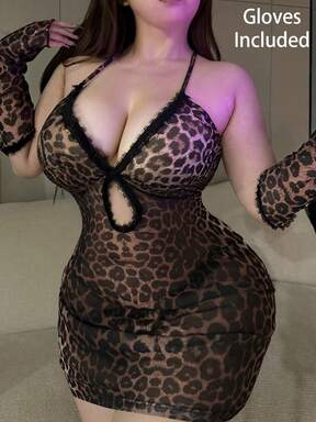 Vibekara فستان ضيق بتصميم الفهد مع تطريز دانتيل مفتوح للنساء ذوات الحجم الكبير