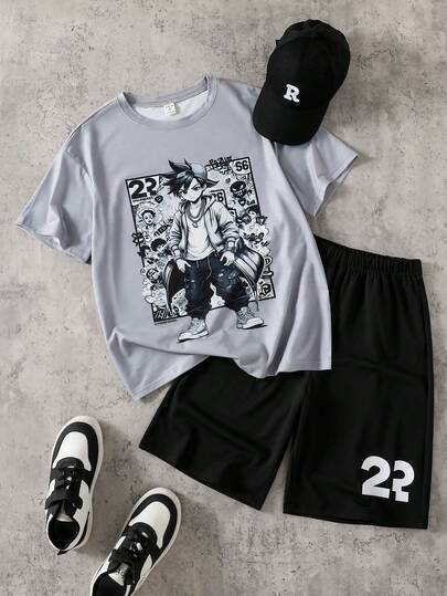 SHEIN Coolqubz Set de 2 piezas con camiseta casual de cuello redondo con gráfico de personaje de anime de dibujos animados y pantalones cortos deportivos para adolescentes varones