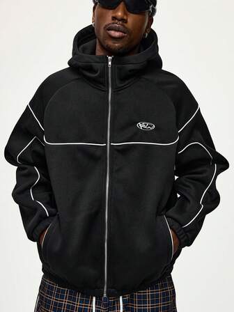 Street Life بلوزة هوديي كاجوال للرجال مع سحاب أمامي وخطوط متباينة