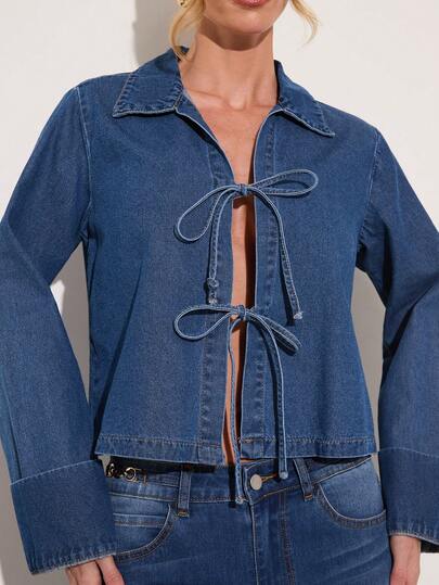 COSMINA Chemise en jean à manches longues pour femmes, couleur unie, nouée, polyvalente, chemisier en jean élégant à manches longues, design avec nœud devant, poignets retroussés, col chemise, Top en jean bleu, chemisier en jean élégant et polyvalent, article , pour un port quotidien, décontracté, chemise en jean de printemps pour femmes