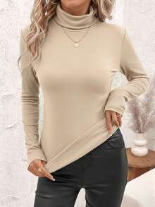 SHEIN Clasi 女士休闲杏色罗纹加绒高领修身加厚长袖T恤，适合秋冬季节，百搭实用 - 卡其色 - 查看 6