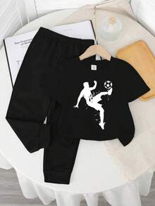 2件套男童休闲可爱卡通字母和足球剪影印花短袖T恤和裤子套装，秋季款 - 黑色 - 查看 2