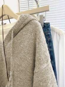 SHEIN Franclia 女士休闲宽松连帽长袖基础款灰色针织套头毛衣，秋冬季 - 駝色 - 查看 4