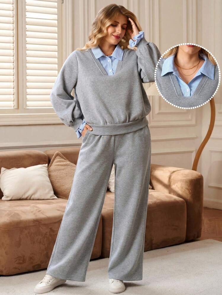 Plus Size Casual Striped Patchwork Sweatshirt And Sweatpants 2 Pieces Set, Autumn Cozy Fall And Winter Clothes For Women Maija Fall Winter 2025 Fall/Winter Elegant Dress Women  Stylish Clothing Collection Elegant Party Clothes For New Year Christmas Clothes For Women  Winter Clothes For Women