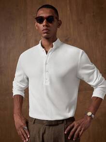 AKNOTIC 男士白色纽扣半开襟休闲长袖T恤 - 白色 - 查看 6