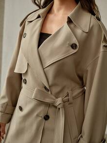MOTF PREMIUM PLUS SIZE DOUBLE-BREASTED BELTED SHORT TRENCH COAT, AUTUMN/WINTER - Khaki - View 2