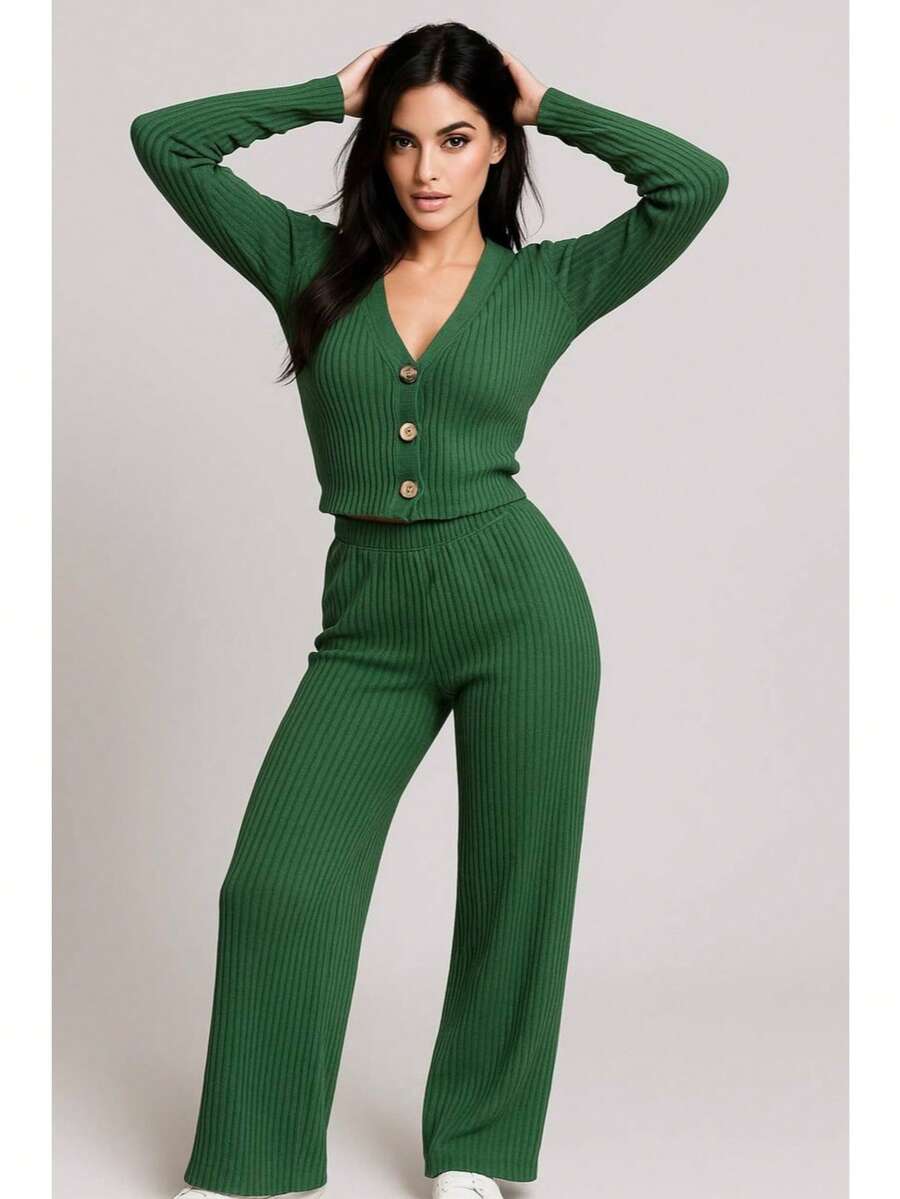 Conjunto Sexy Dama Premium Dos Piezas Botones Pantalón Cómodo Suéter botones Manga Larga Cuello V Pantalón recto - verde - Ver 1
