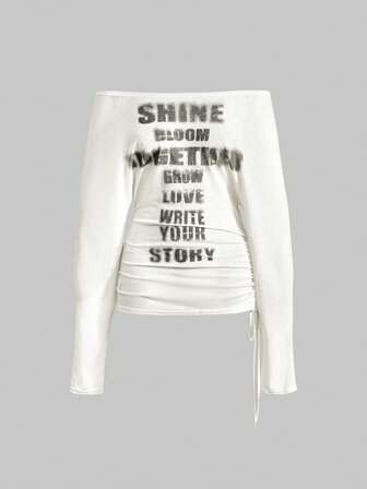 Grunge Punk Romantic Punk Cross & Letter Print Off Shoulder Long Sleeve T-Shirt For Women