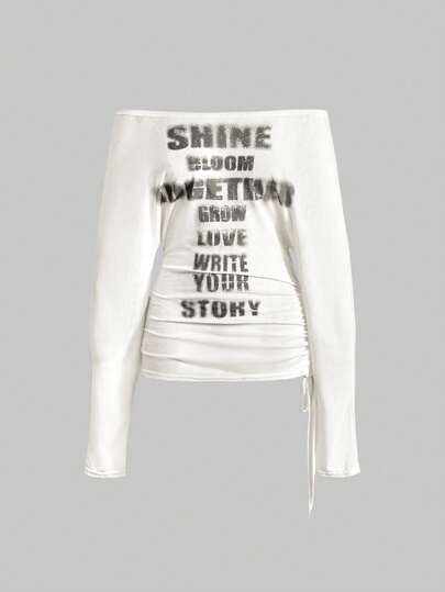 Grunge Punk Romantisches Punk-Kreuz- und Buchstaben-Muster Off-Shoulder Langarm T-Shirt für Frauen