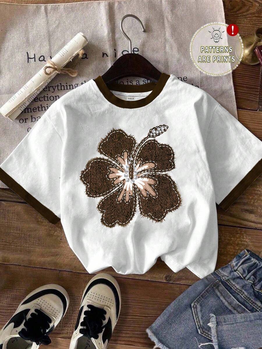 SHEIN EZwear 休闲简约棕色花卉图案圆领宽松女式T恤 - 彩色 - 查看 1