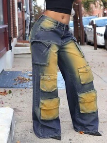 SHEIN Unity Women's Fashionable Contrast Color Pocket Denim Jeans, Autumn - Blue - View 3