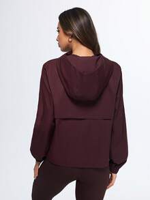 Eassivo Eassivo Women's Wine Red Hooded Windbreaker Jacket, Loose Fit Utility Outerwear, Flap Pocket Detail, Zipper Closure, Sports Street Style, Athleisure Lightweight Jacket - Red - View 2