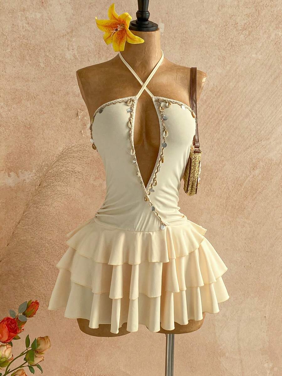 Soleia 女士度假休闲奶油黄性感露背吊带系带海星流苏不对称下摆迷你连衣裙，适合海滩、海边、浪漫约会、假日、下午茶、婚礼季、海滩邮轮度假、城市度假 - 淡黃色 - 查看 1