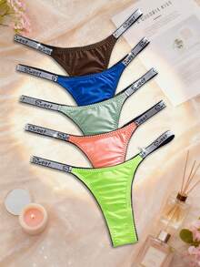 Eraneu 5 PCS Women's Casual Sporty Thong Underwear Tie Dye Fabric With Sweet Tape Detail Colorful Panties Pack - Colorful - View 6