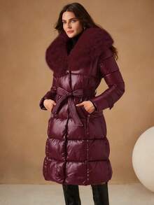 Anewsta Women's Mid-Length Winter Coat With Fur Collar, Fashionable Cinched Waist Waist Design - Burgundy - View 3