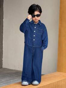 SHEIN 2pcs Young BoyGray Denim Lapel Long Sleeve Shirt And Loose Fit Pants Set - Dark Wash - View 6