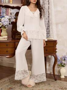 Côtesoire 法式优雅蕾丝拼接睡衣套装，宽松版型，展现迷人南法风情，女士长袖长裤睡衣套装，秋季款 - 白色 - 查看 5