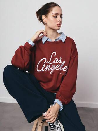 SURIMA Casual Minimalist Embroidered Pattern Scarlet Color Crew Neck Loose Fit Women Sweatshirt, Autumn/Winter