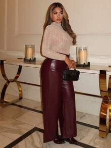 Maria Perezxox 女士勃艮第红色皮革女裤纯色前扣简约休闲裤、日常穿着、女式下装 - 酒紅色 - 查看 6