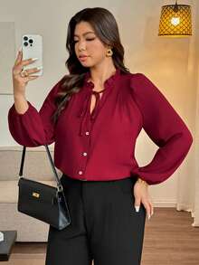 Vionelle Elegant Plus Size Burgundy Tie Neck Woven Fabric Raglan Extra-Long Sleeve Blouse Top - Burgundy - View 6