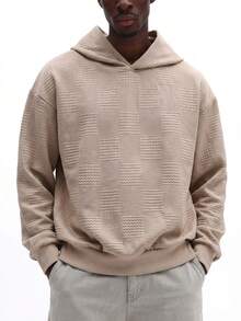 SUMWON Beige Textured Knit Pullover Hoodie With Waffle Pattern And Drawstring Hood For Fall Winter Streetwear Plain - Khaki - View 4