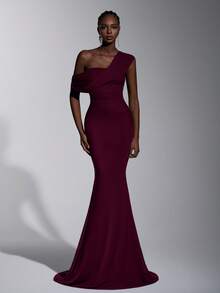 Elitara 2025新款优雅安哥拉红网纱单肩褶皱装饰修身美人鱼长裙，适合婚礼、正式场合、伴娘礼服