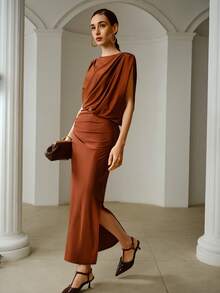 ZEYLAH 不对称褶皱修身长款连衣裙，春夏款 - 咖啡棕 - 查看 5