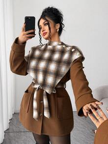 Elenzga Women's Pink And Grey Autumn Elegant Plaid Pattern Long Sleeve Poncho-Style Jacket,Waist Cinched Minimalist Coat With Pockets For Office Work Commute - Coffee Brown - View 7