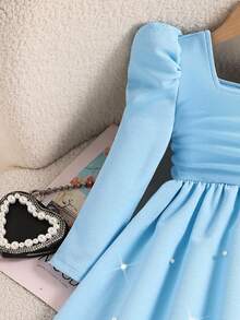 Elladie kids 女童红色方领连衣裙，腰部两侧有褶皱，裙摆饰有珍珠，泡泡袖设计，优雅时尚，适合派对、生日或日常穿着。 - 藍色 - 查看 4